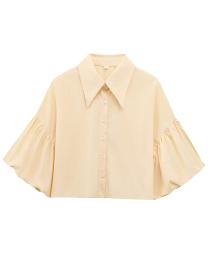 ✨Womens Cute Lantern Sleeve Collar Button Down Crop Tops