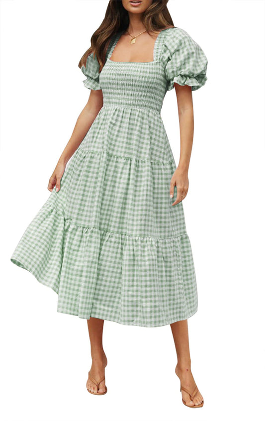 ✨Women's 2025 Summer Plaid Tiered Square Neck Puff Sleeve Ruffle Flowy Midi Dress