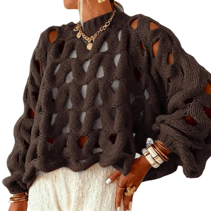 Women Boho Loose Balloon Sleeve Hollow Out Cable Knit Oversized Pullover Sweater Spring Autumn Layering Top