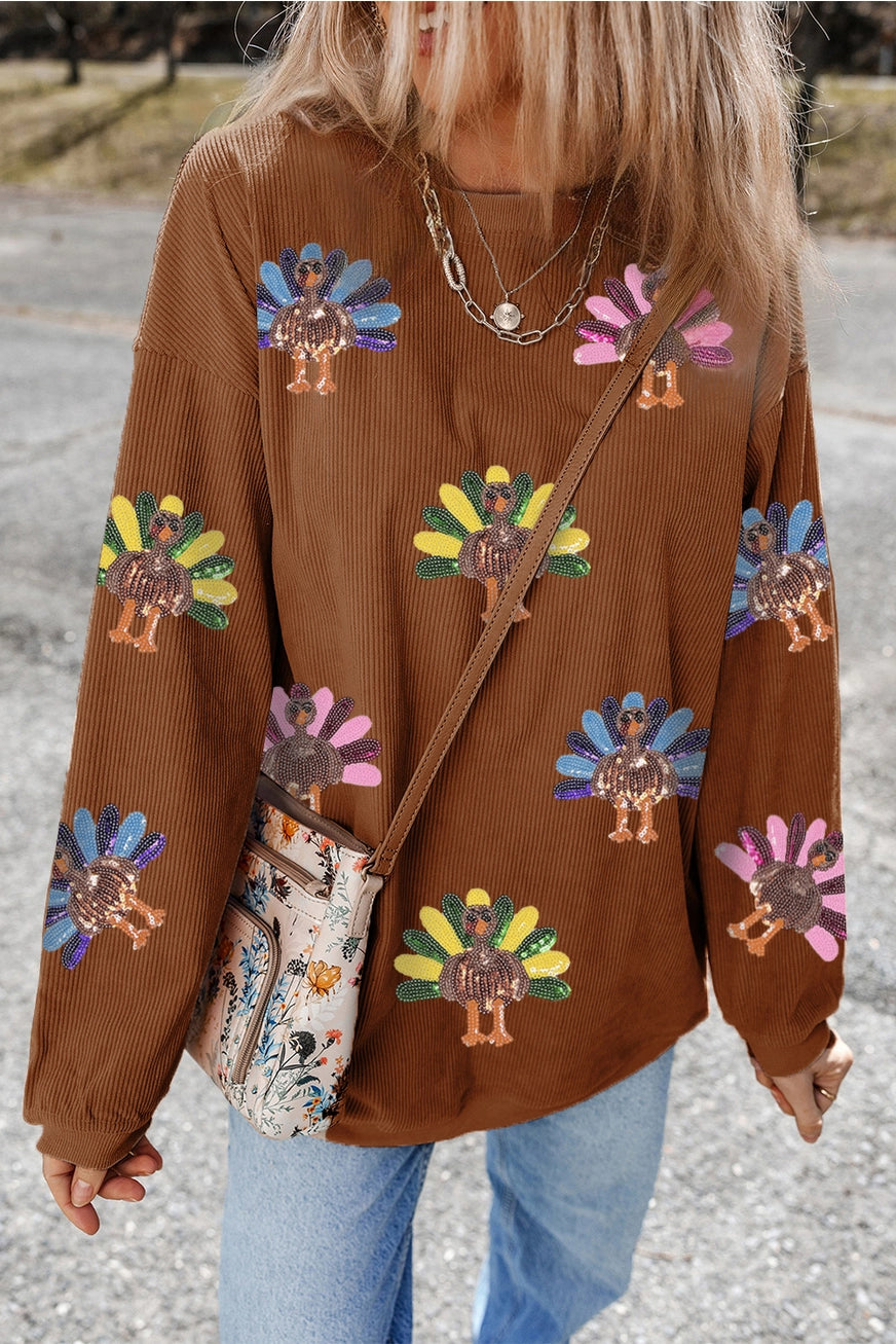 Women's Sequin Turkey Patch Thanksgiving Corduroy Sweatshirt