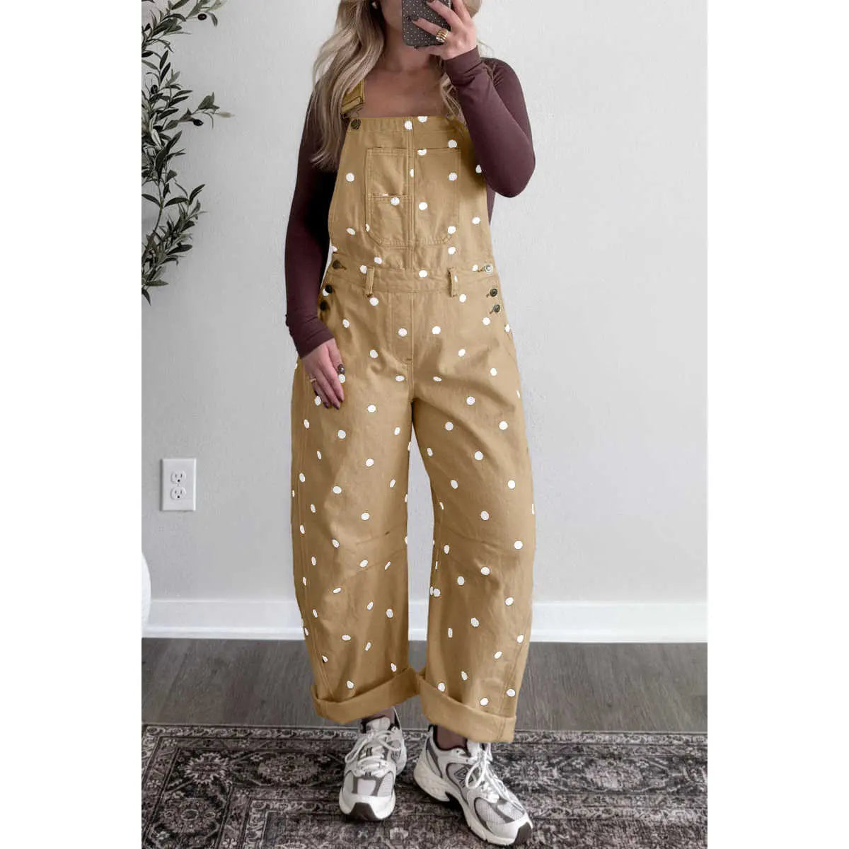 Women Loose Wide Leg Polka Dot Denim Overalls With Pockets