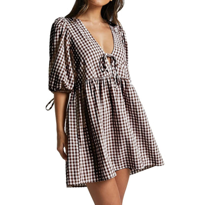 V Neck Tie Front Puff Sleeve Gingham Mini Dress