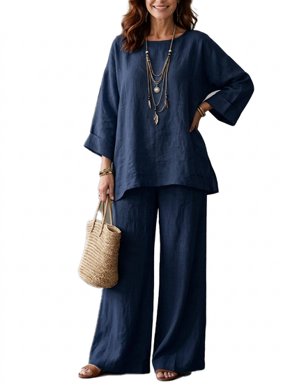 Women Loose Crew‑Neck 3/4 Sleeve Wide‑Leg Pant Two‑Piece Set