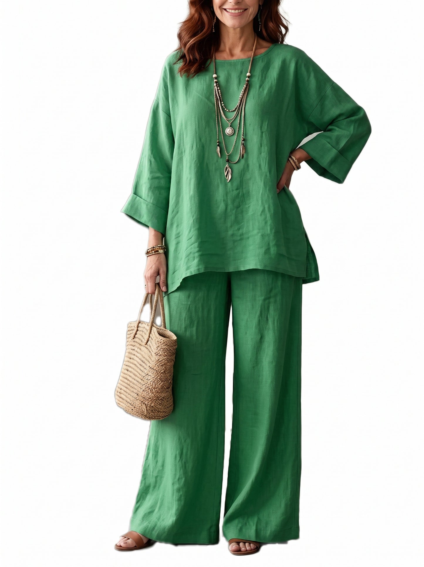 Women Loose Crew‑Neck 3/4 Sleeve Wide‑Leg Pant Two‑Piece Set