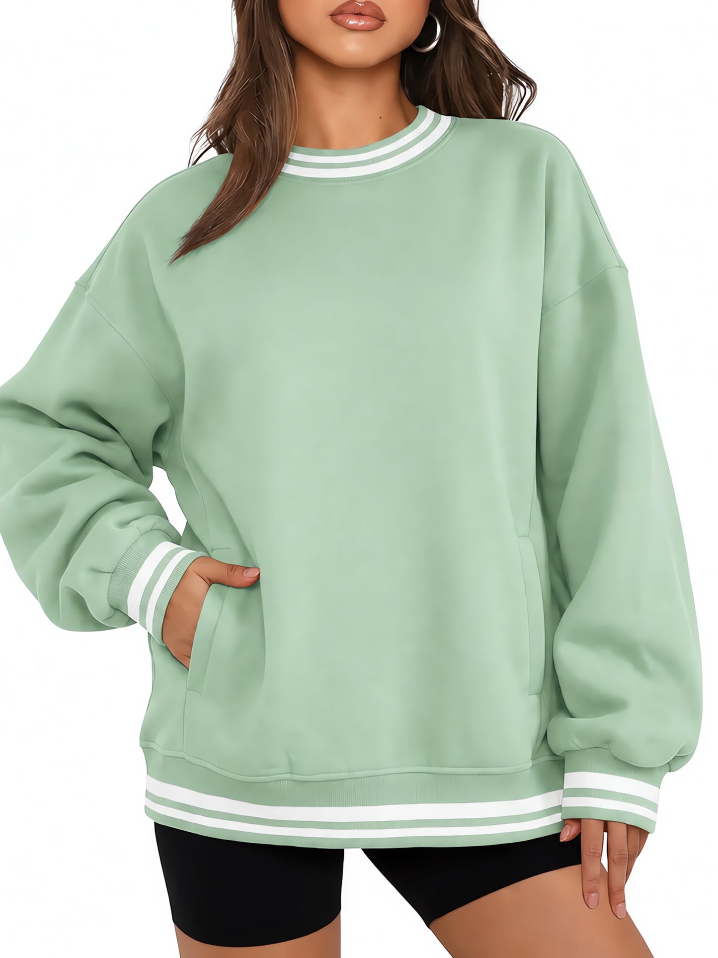 Women Retro Varsity Striped Trim Crew Neck Oversized Sweatshirt
