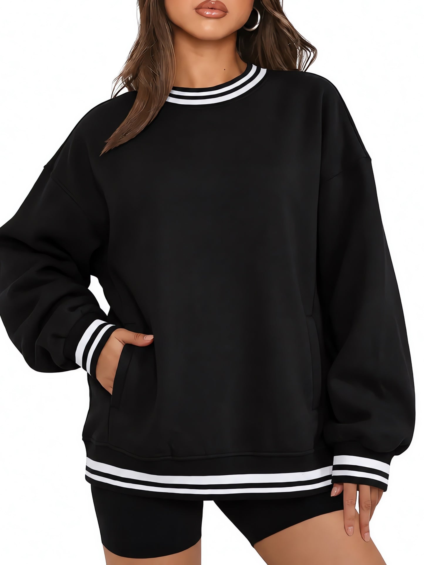 Women Retro Varsity Striped Trim Crew Neck Oversized Sweatshirt