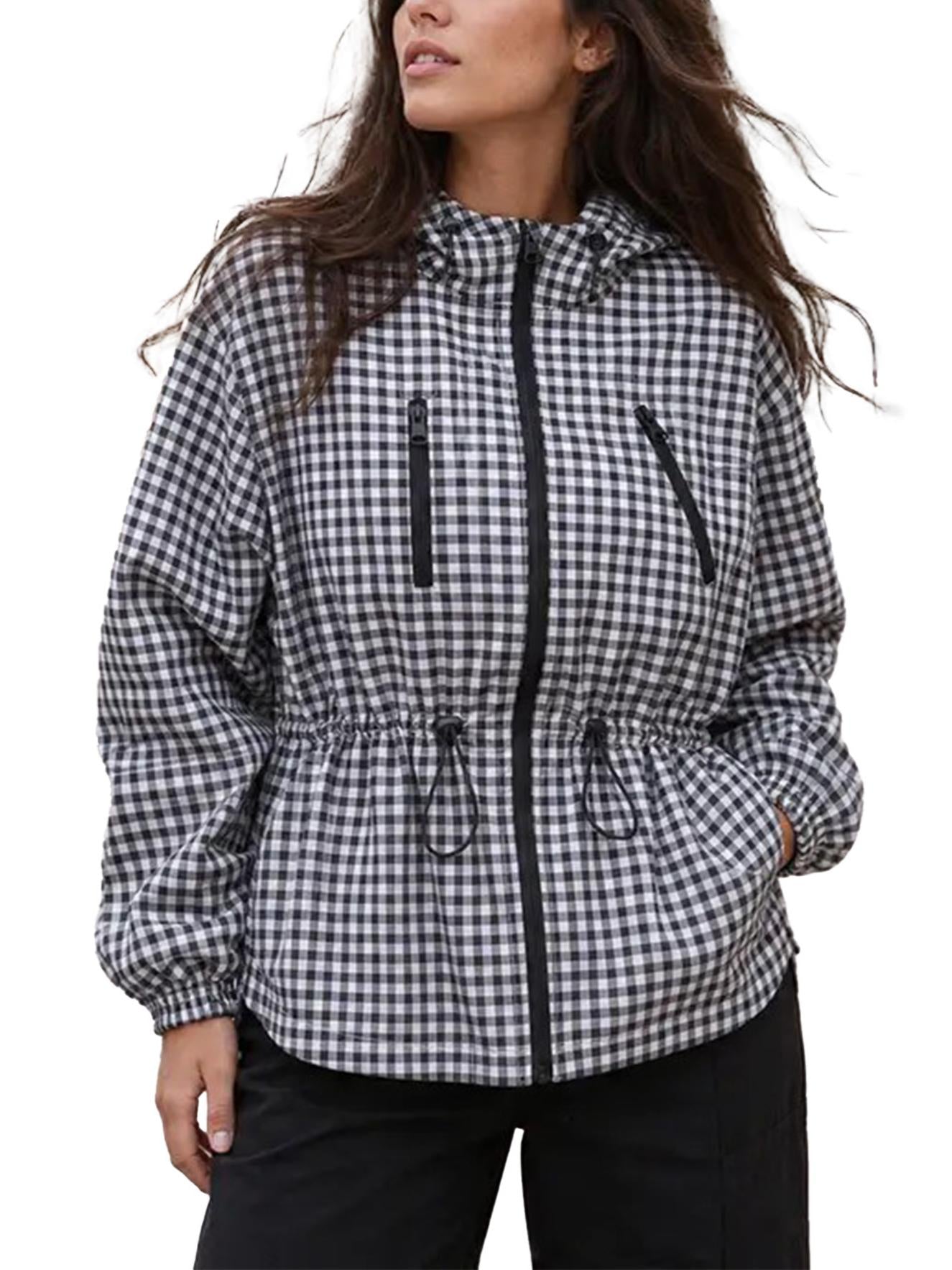 Women Gingham Hooded Water‑Resistant Windbreaker Jacket