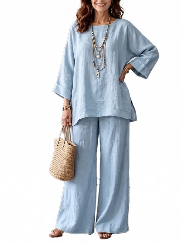 Women Loose Crew‑Neck 3/4 Sleeve Wide‑Leg Pant Two‑Piece Set