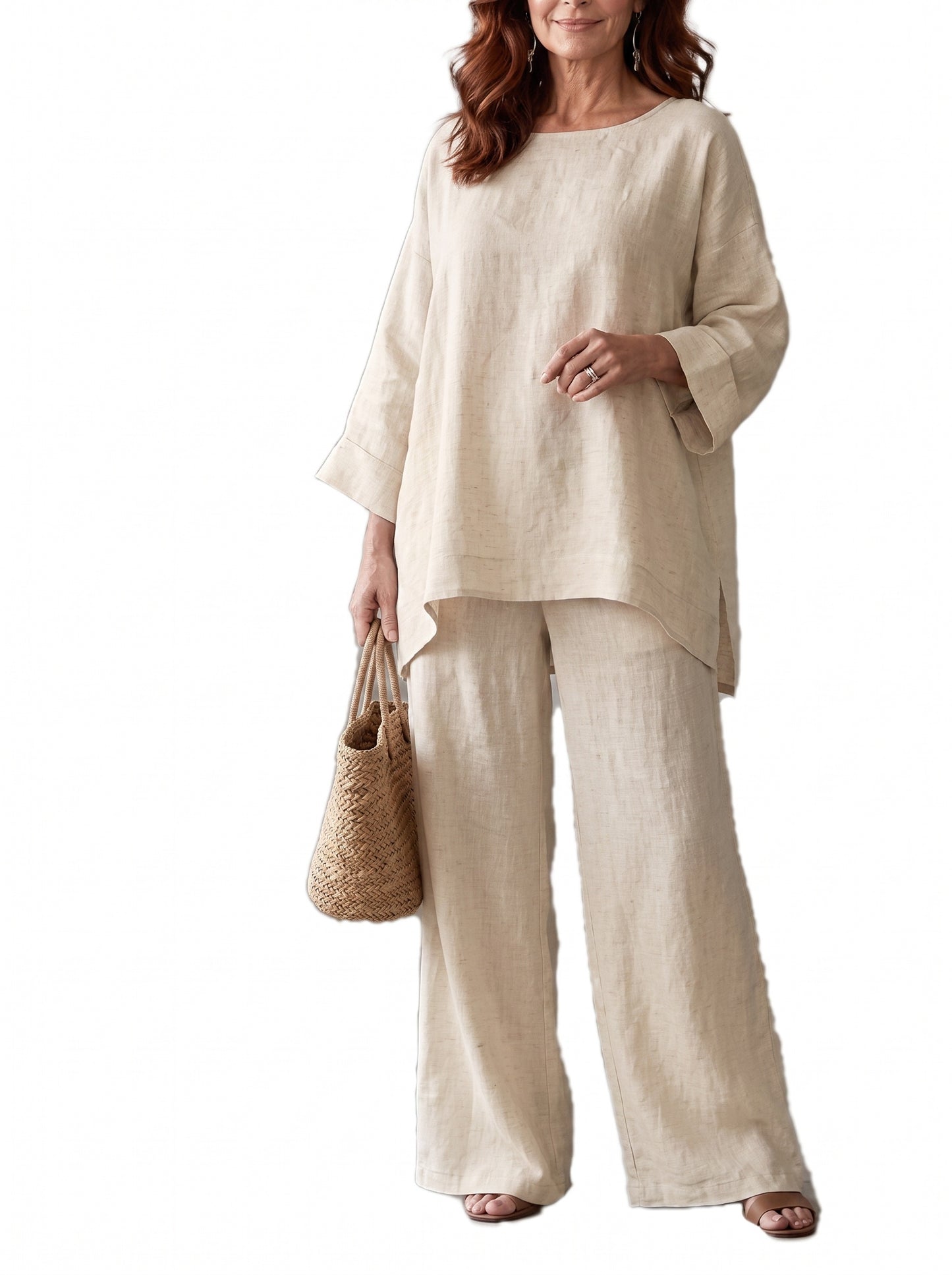 Women Loose Crew‑Neck 3/4 Sleeve Wide‑Leg Pant Two‑Piece Set