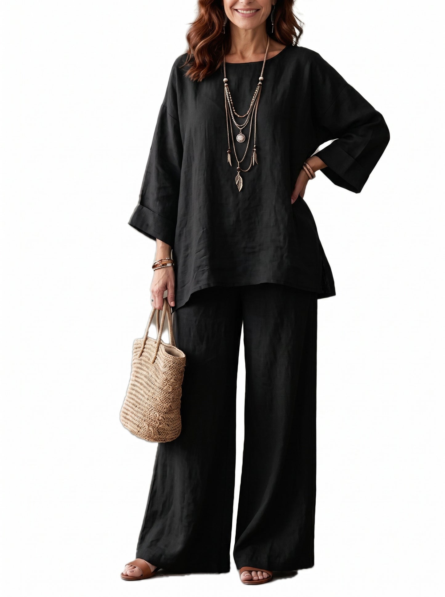 Women Loose Crew‑Neck 3/4 Sleeve Wide‑Leg Pant Two‑Piece Set