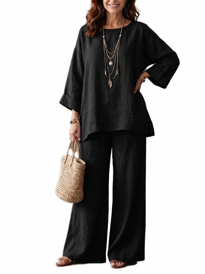 Women Loose Crew‑Neck 3/4 Sleeve Wide‑Leg Pant Two‑Piece Set