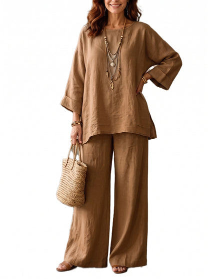 Women Loose Crew‑Neck 3/4 Sleeve Wide‑Leg Pant Two‑Piece Set