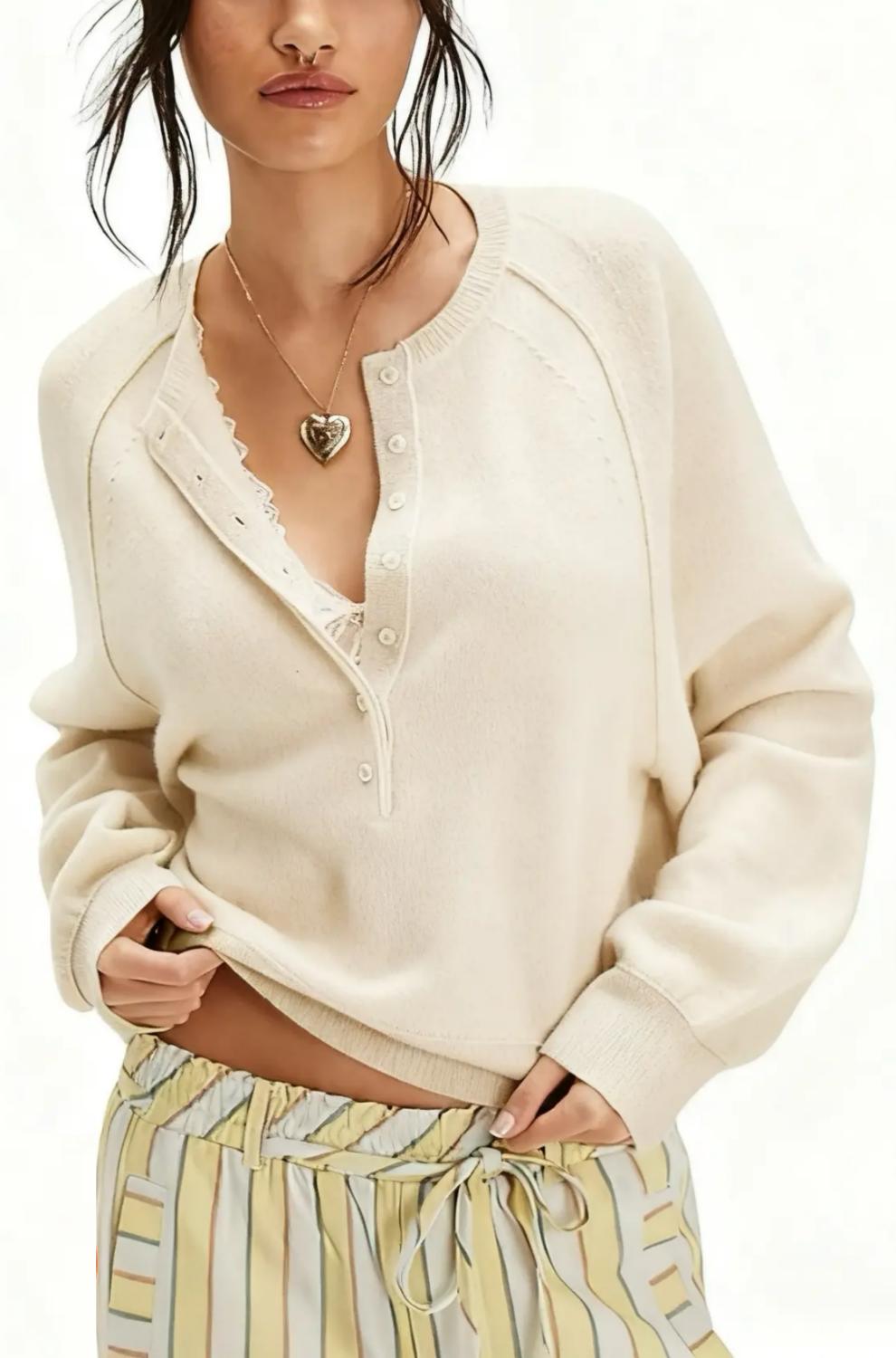 Women Raglan Sleeve Half Button Henley V Neck Soft Knit Long Sleeve Top
