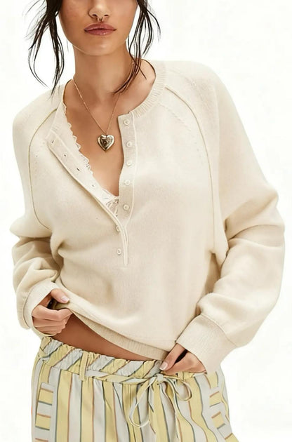Women Raglan Sleeve Half Button Henley V Neck Soft Knit Long Sleeve Top