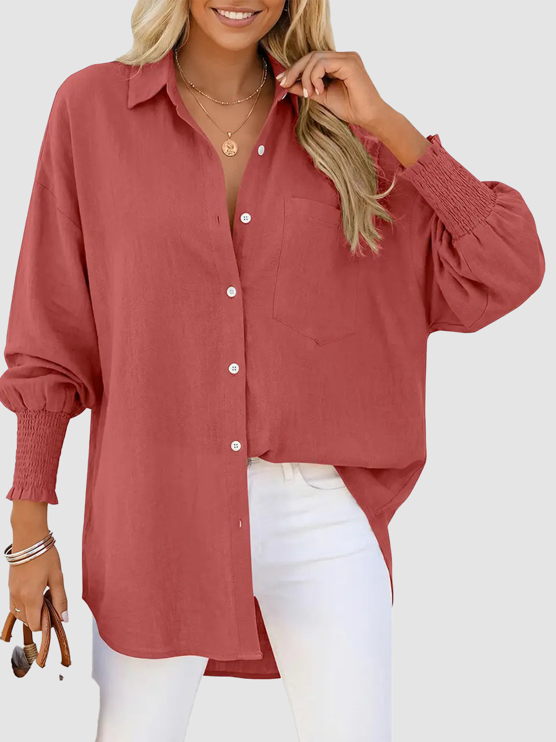 Women Loose Linen Blend Pocket Shirt with Smocked Elastic Cuffs