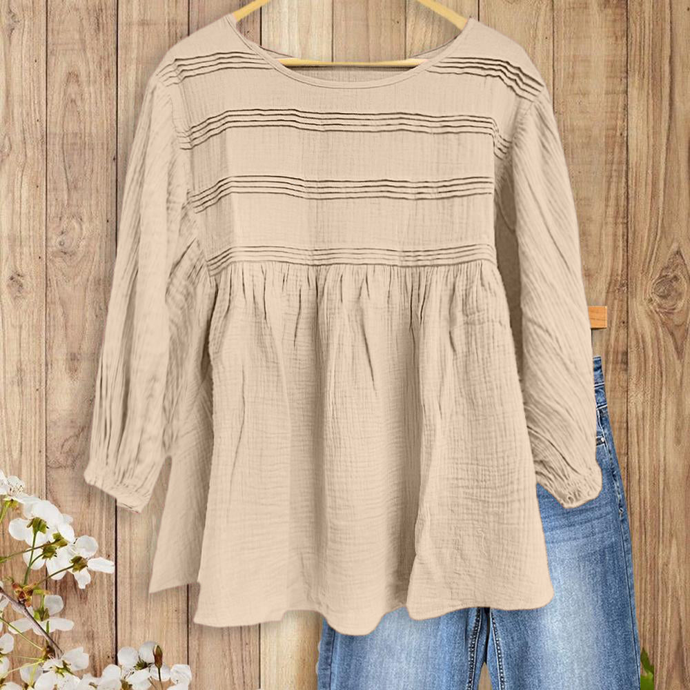 Women's 3/4 Puff Sleeve Blouse with Ruffled Cuffs & Pleated Details