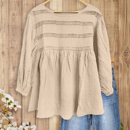 Women's 3/4 Puff Sleeve Blouse with Ruffled Cuffs & Pleated Details