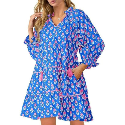 Women's Casual Floral Ruffle V-Neck Mini Dress with Pockets