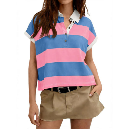 Womens Striped Polo Shirts Summer Short Sleeve Rugby Shirt Oversized