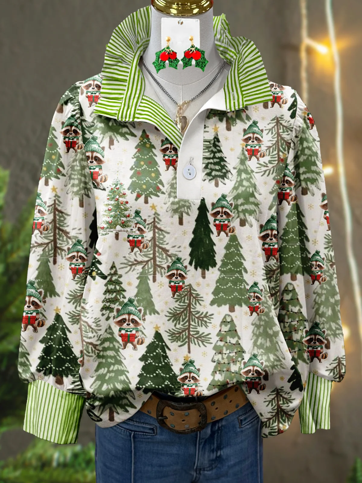 ✨Vintage Floral Print Striped Collar Top