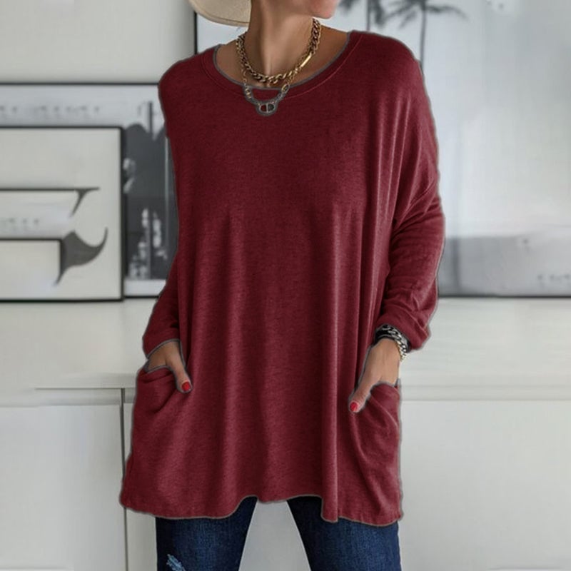 ⏰HOT SALE-Round Neck Long Sleeve Loose Pocket Solid T-Shirt