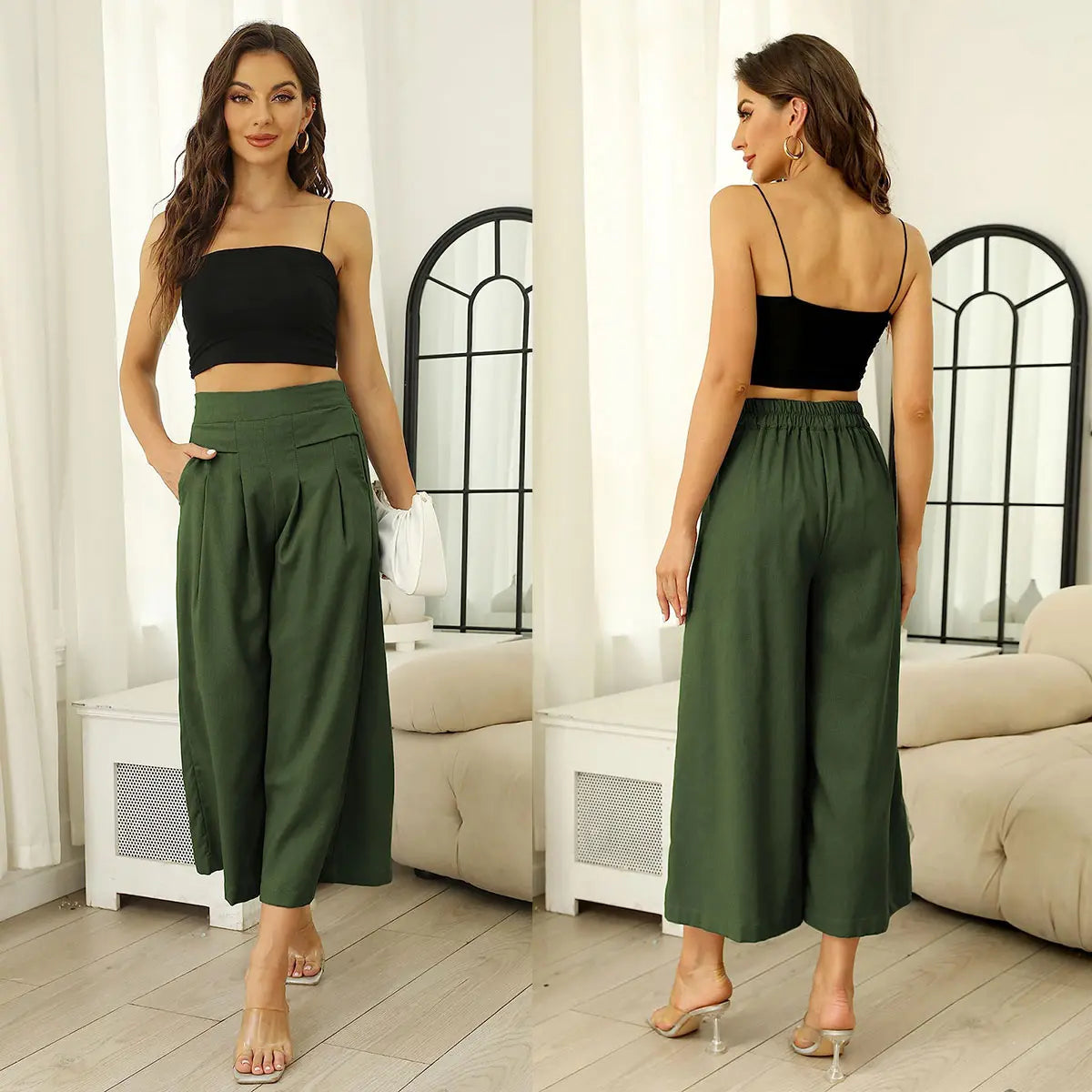 ⏰Hot Sale-Women's Cotton Linen Culottes Pants Elastic Waist Wide Leg Palazzo Trousers