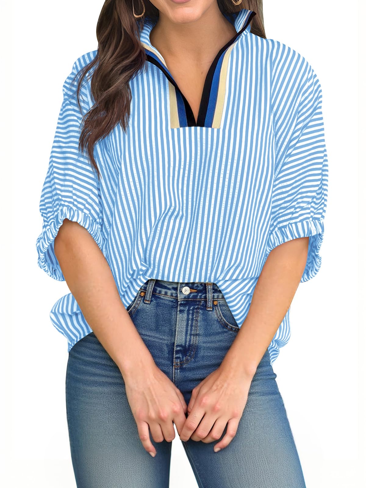 Womens V Neck Striped Blouse Oversized Dolman Sleeve Tops