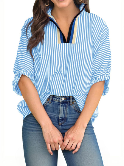 Womens V Neck Striped Blouse Oversized Dolman Sleeve Tops