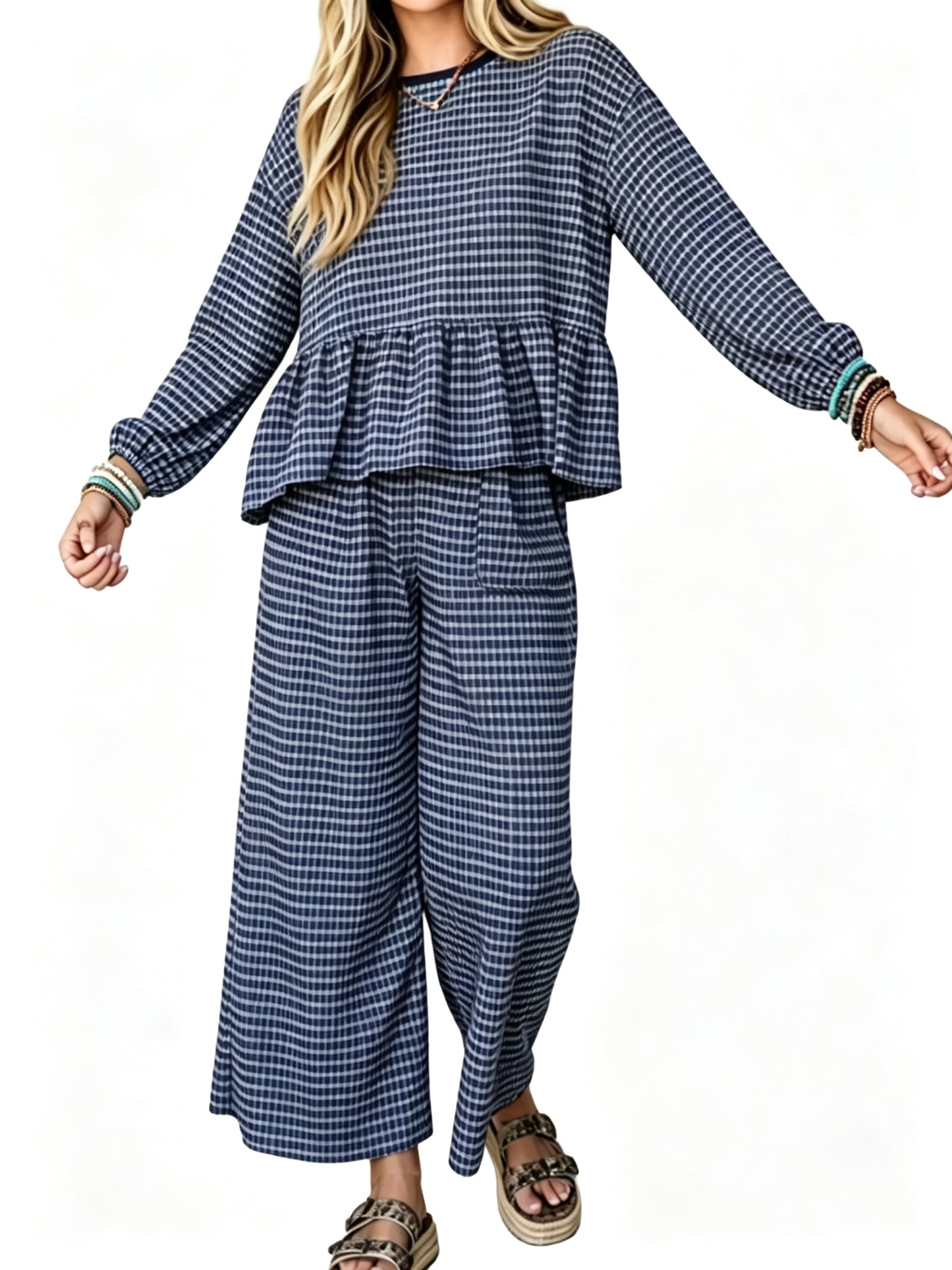 Women Gingham Ruffle Two Piece Outfit Set