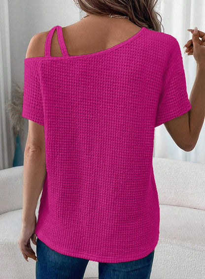 ✨Women's Off One Shoulder Waffle Knit Short Sleeve T-Shirts