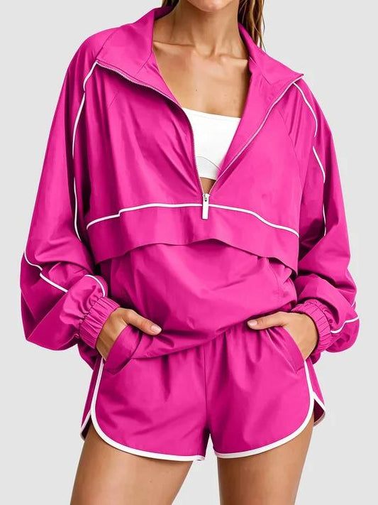 Women Quarter Zip Stand Collar Matching Casual Set