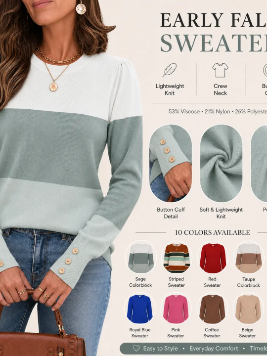 Chic Versatile Long‑Sleeve Pullover ✨ Elegant Button Cuff Detail For Dressy‑Casual Looks