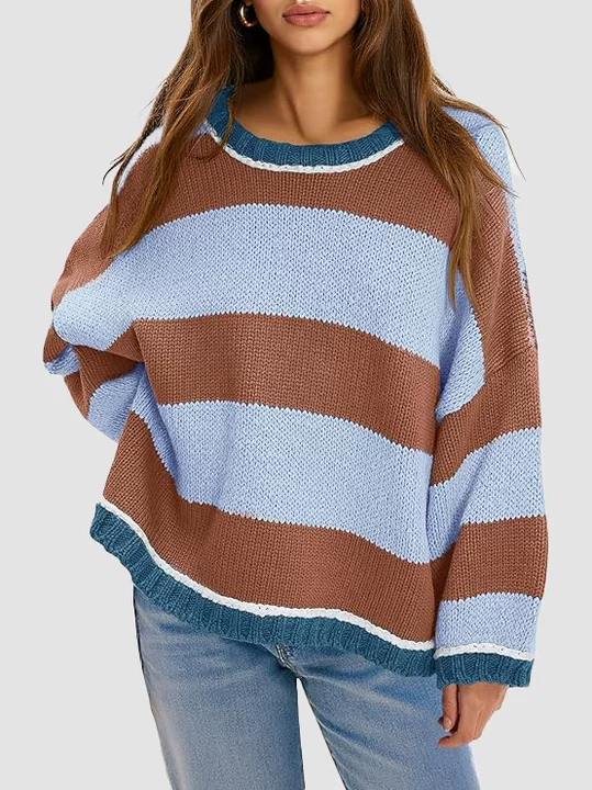 Oversized Color‑Block Stripe Crew Neck Sweater 🍂 Loose Long‑Sleeve Casual Fall Pullover Tops