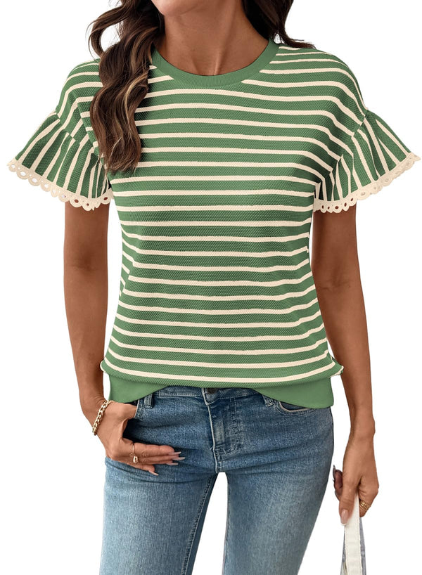 ⏰Hot Sale-Women's Knit Striped Color Block Ruffled Short Sleeve Top