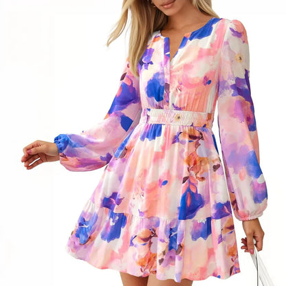 Women's Elastic Waist Boho Beach Vacation Clothes Floral Mini Summer Dress