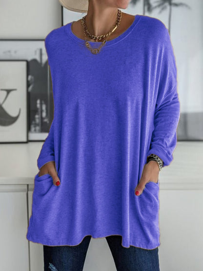 ⏰HOT SALE-Round Neck Long Sleeve Loose Pocket Solid T-Shirt