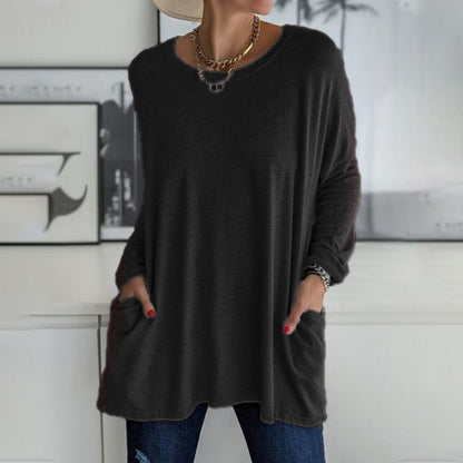 ⏰HOT SALE-Round Neck Long Sleeve Loose Pocket Solid T-Shirt