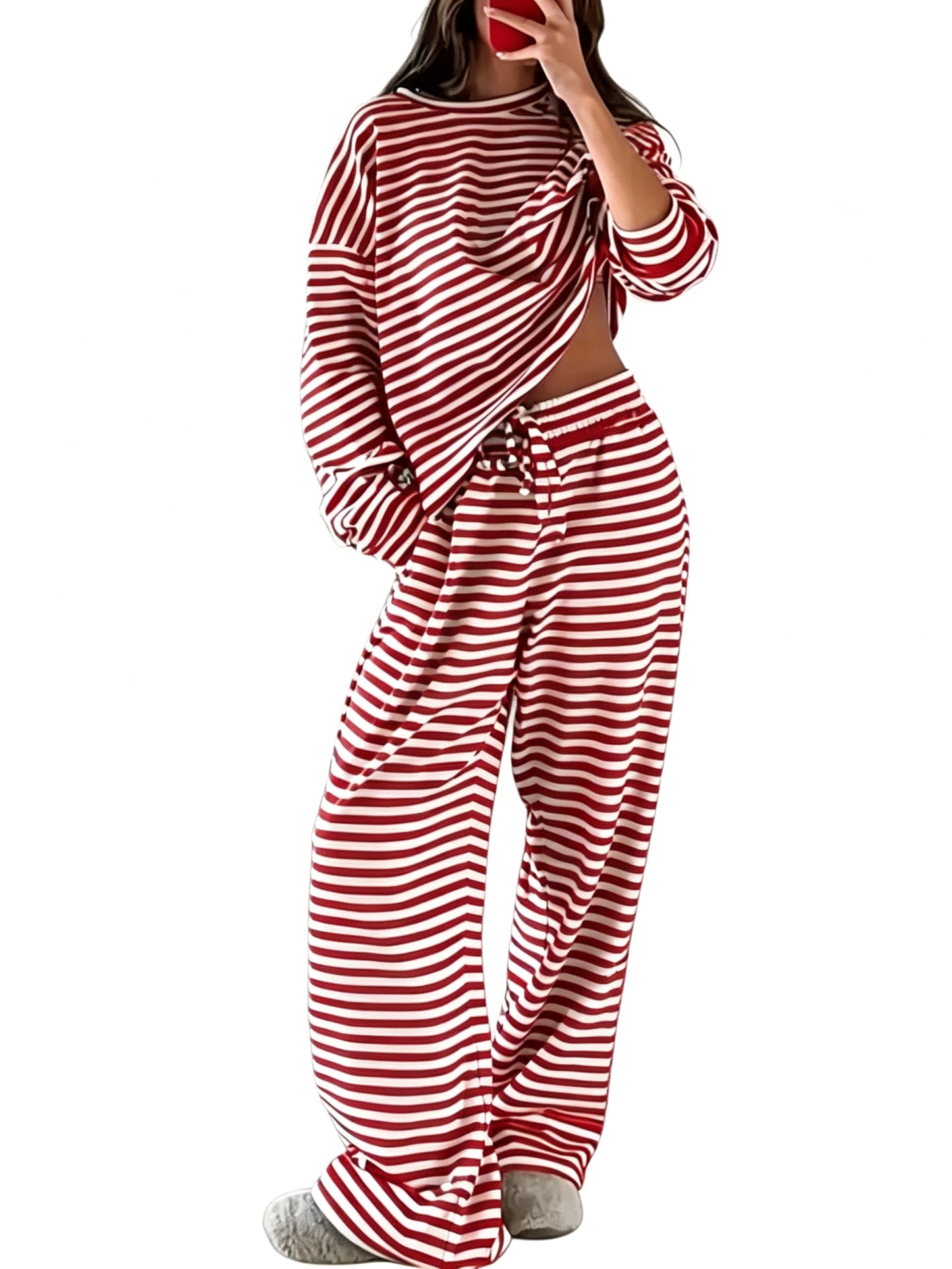 Women Striped 2 Piece Loungewear Set Crew Neck Top Wide Leg Pants