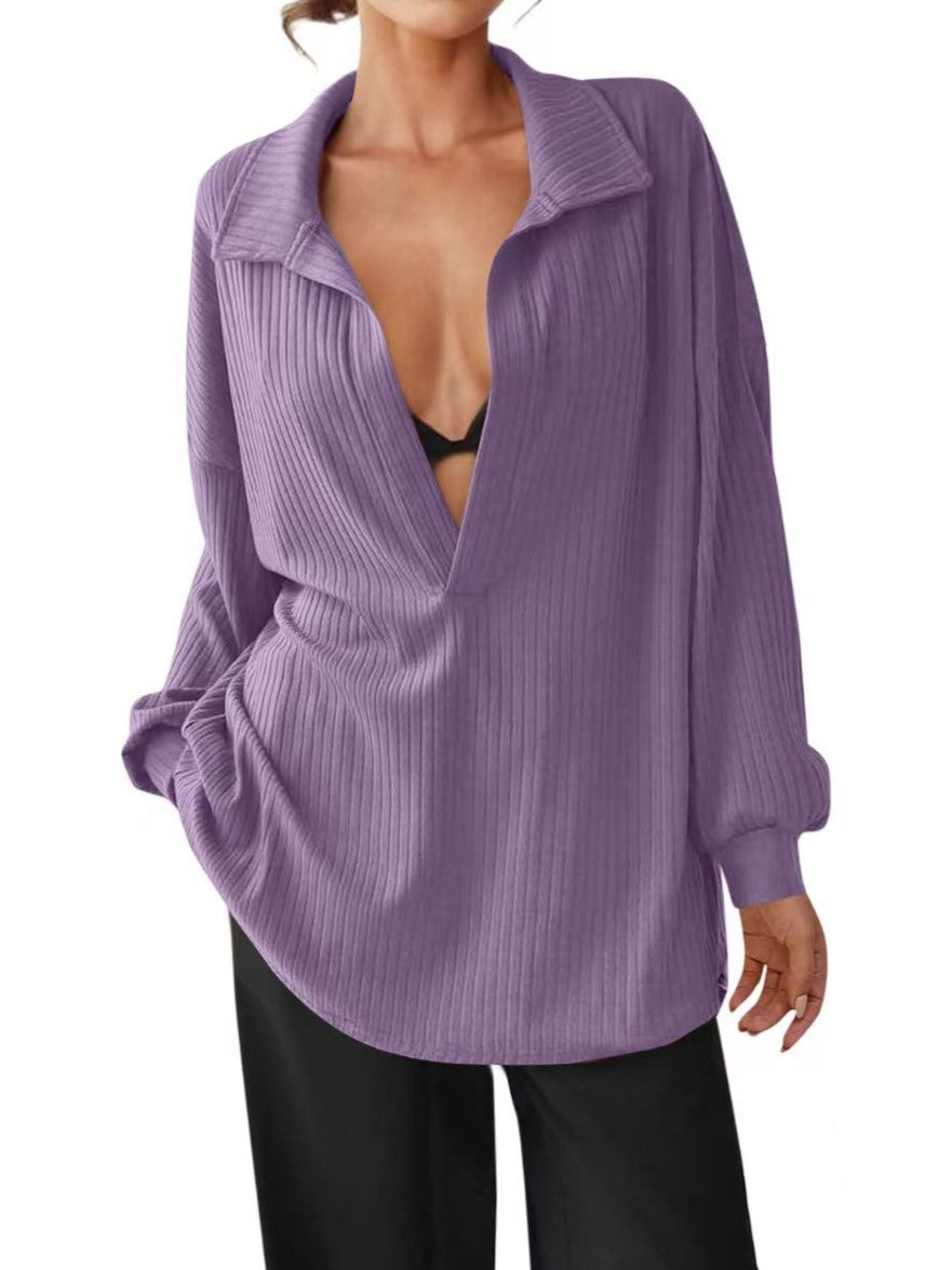 Womens Oversized Deep V Neck Sweatshirts Collared Long Sleeve Ribbed Knit Pullover Tops