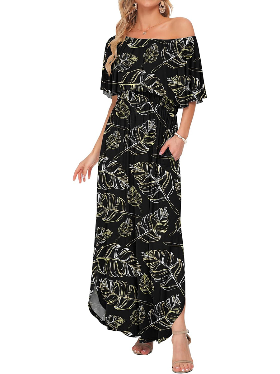 Limited time sale🔥Women's Off-Shoulder Floral Maxi Dress with Pockets & Side Slit