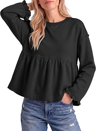 Women Crew Neck Ruffle Cuff Peplum Top