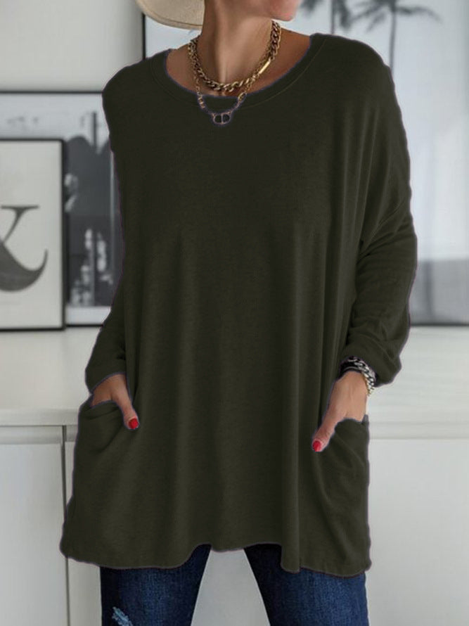 ⏰HOT SALE-Round Neck Long Sleeve Loose Pocket Solid T-Shirt