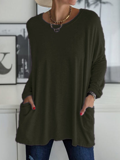 ⏰HOT SALE-Round Neck Long Sleeve Loose Pocket Solid T-Shirt