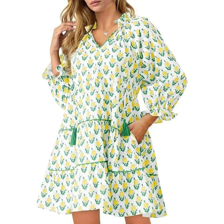 Women's Casual Floral Ruffle V-Neck Mini Dress with Pockets