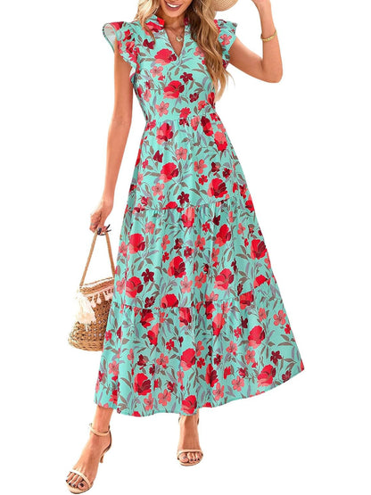 ⏰Hot Sale-Women's Boho Print V Neck Ruffle Maxi Dress