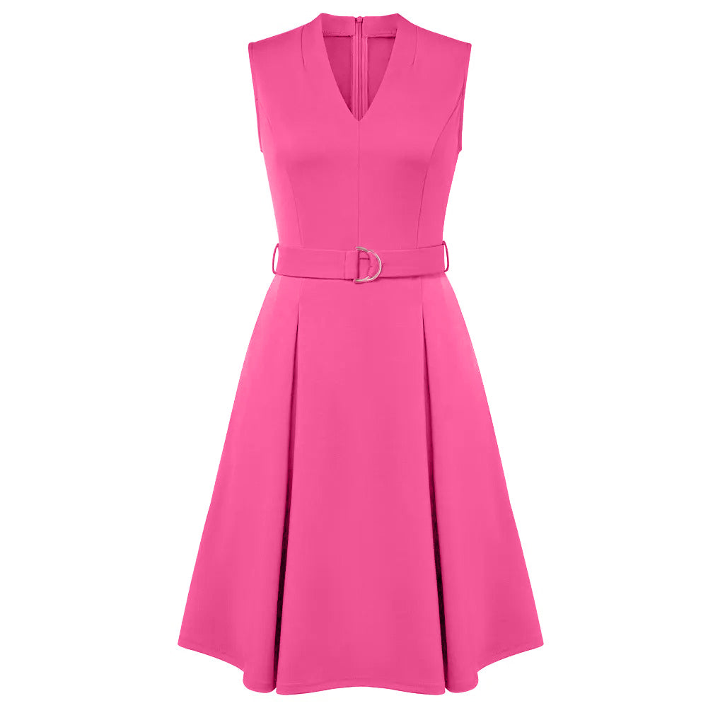 Women's Sleeveless V-Neck A-Line Dress with Belt
