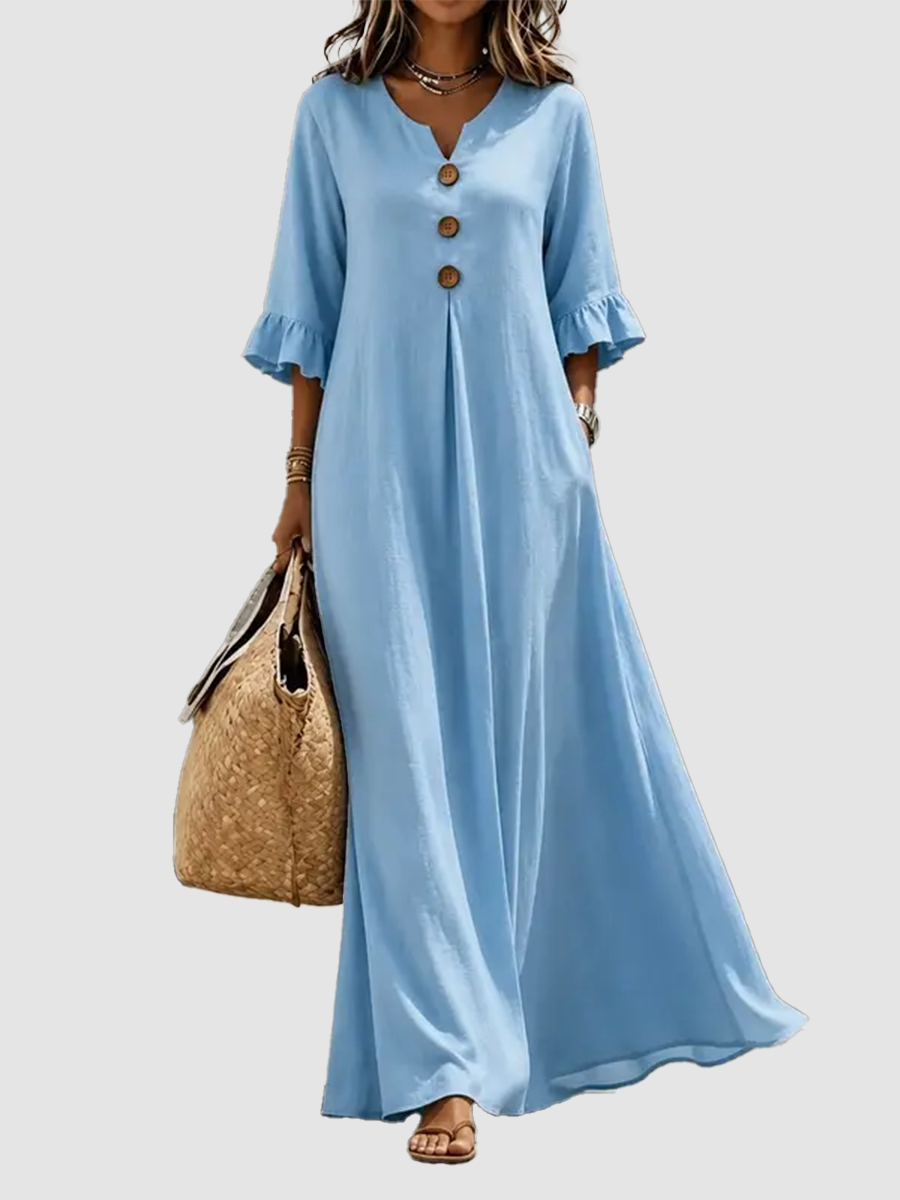 Women Boho Casual A‑Line Maxi Dress, V‑Neck Wooden Buttons Ruffled Long Sleeve Loose Solid Color Dress
