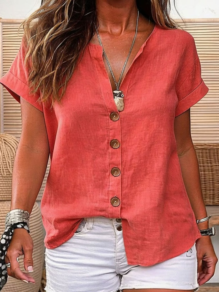 Women's V-Neck Button-Down Short Sleeve Shirt
