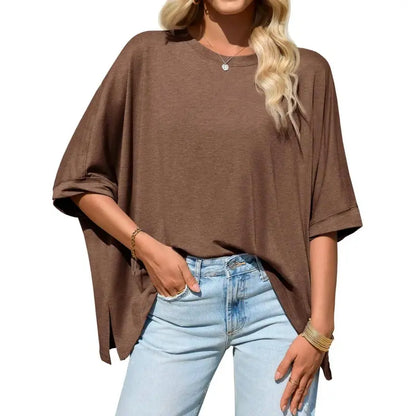 Women Batwing Sleeve Oversized Tee, Asymmetric Hem Casual Top