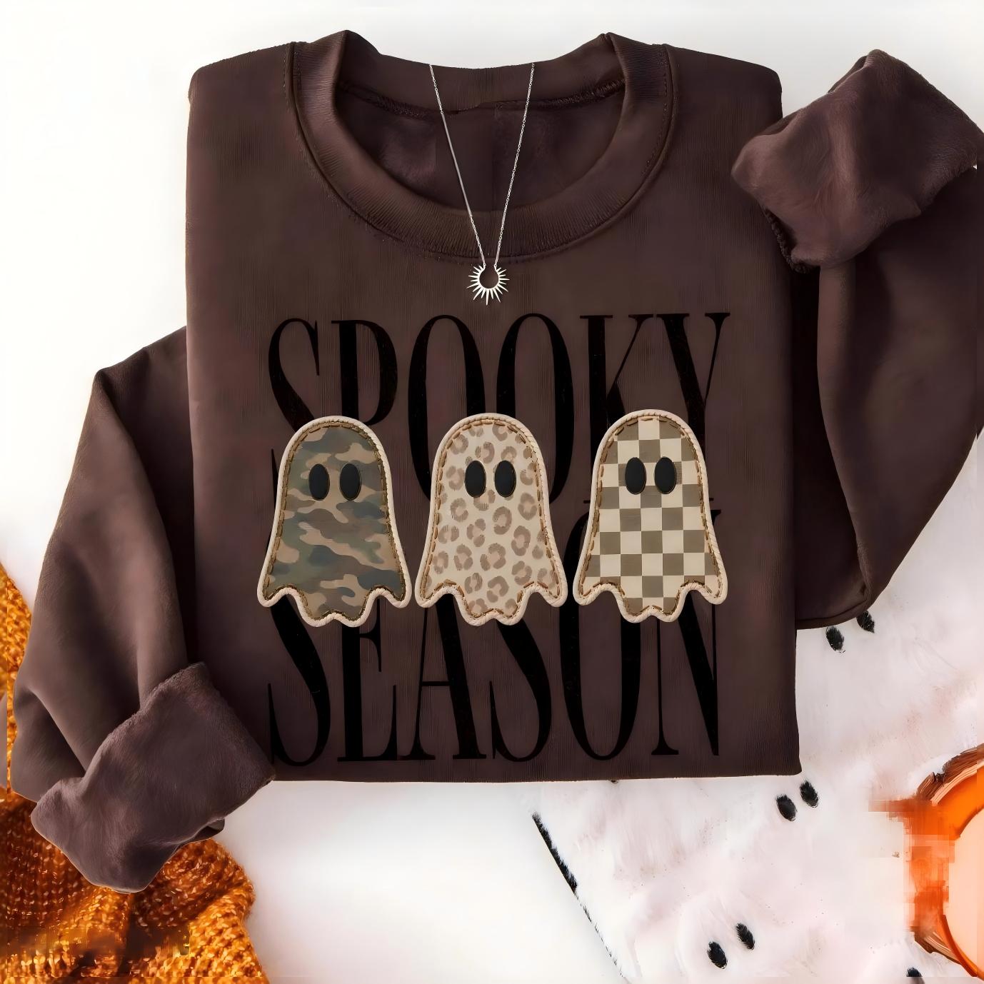 Cute Ghost Patch Letter Fleece Crew Neck Sweatshirt